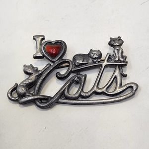 AJC I Heart Cats Silver Tone Brooch Pin Red Enamel Heart Kittens Vintage Feline